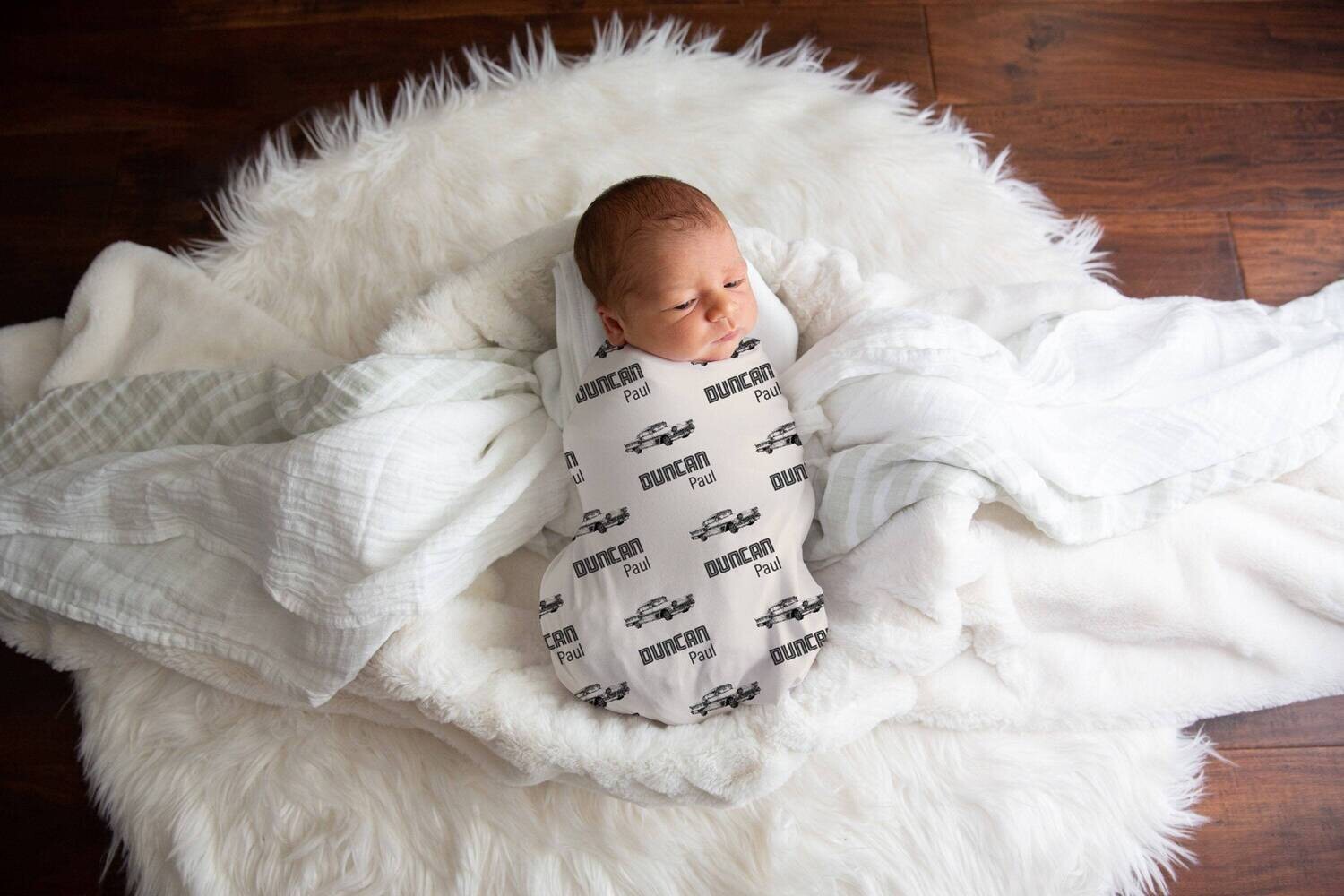 Personalized Old Vintage Car Cream And Black Baby Name Custom Swaddle Gift Idea For Baby Boy, Newborn Boy Vintage Car Swaddle Blanket Photo