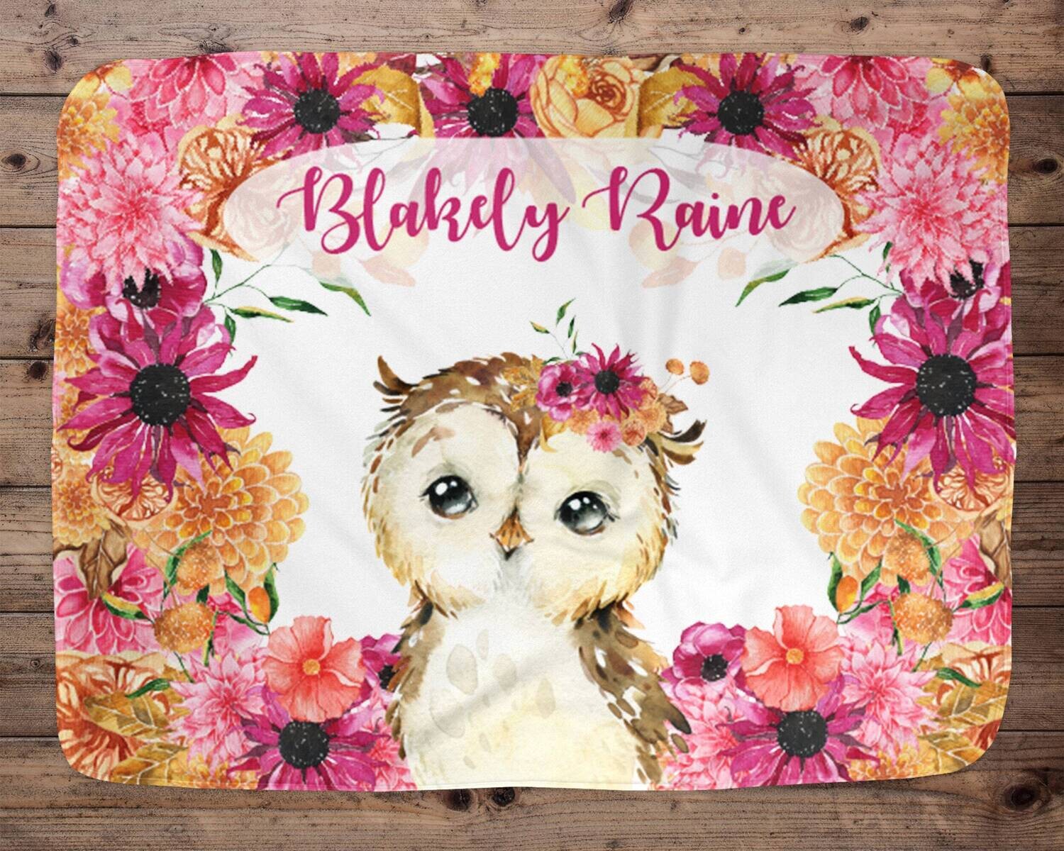 Personalized Baby Girl Blanket, Baby Blanket, Name Baby Blanket, Unique Baby Gift, Floral Baby, Owl Blanket, Blanket Girl, Pink And Orange