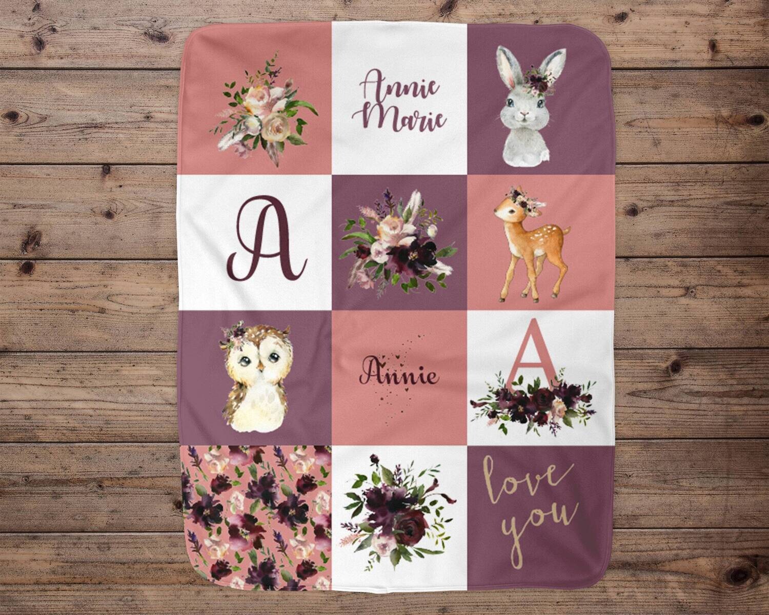 Woodland Animal Personalized Baby Blanket, Baby Blanket, Name Baby Blanket, Girl Baby Gift, Floral, Gift for Girl, Blanket Girl, Nursery