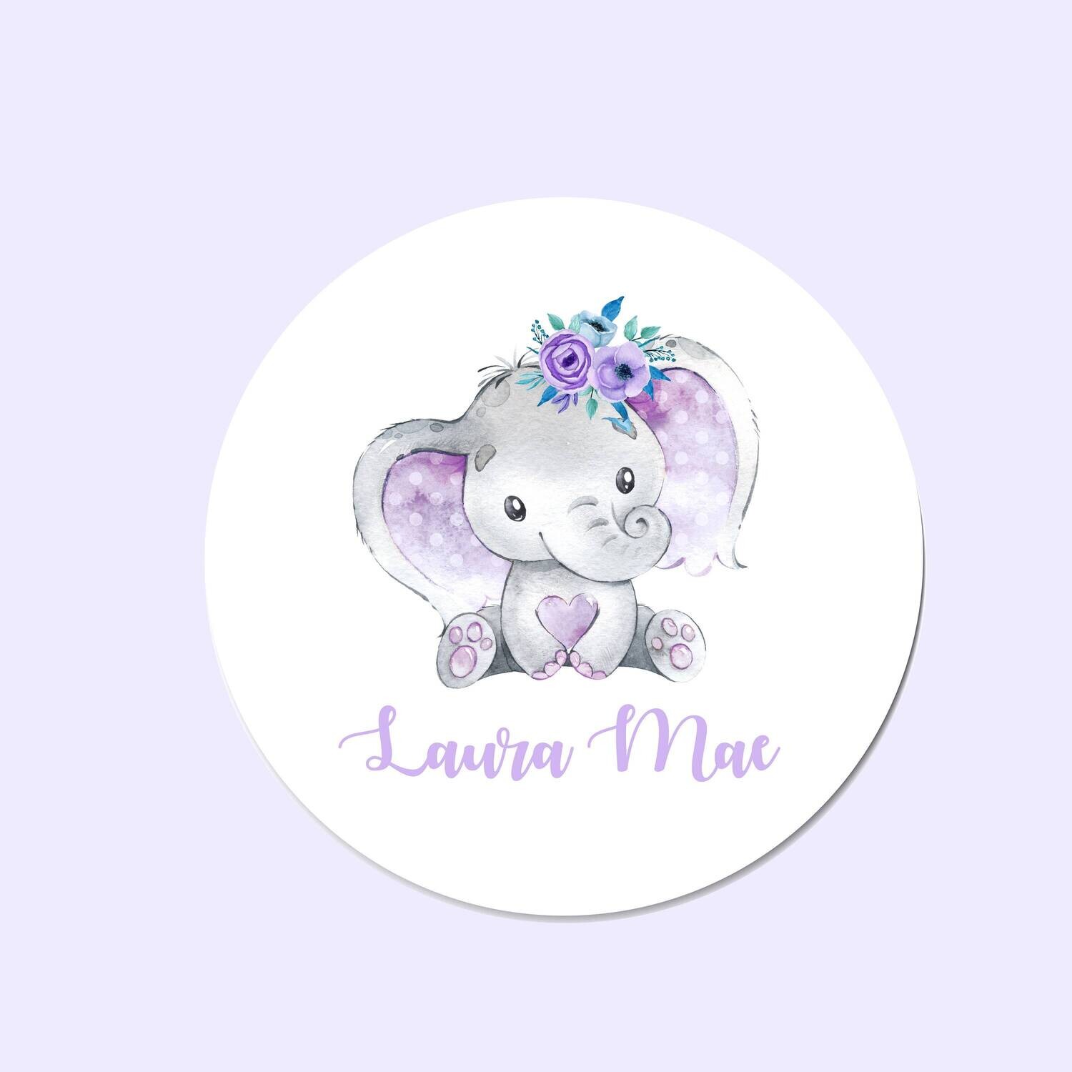 Customized Purple Elephant Round Sign, Floral Name Sign, Circle Sign For Baby Girl, Girl Personalized Sign, Baby Girl Sign, Elephant Decor