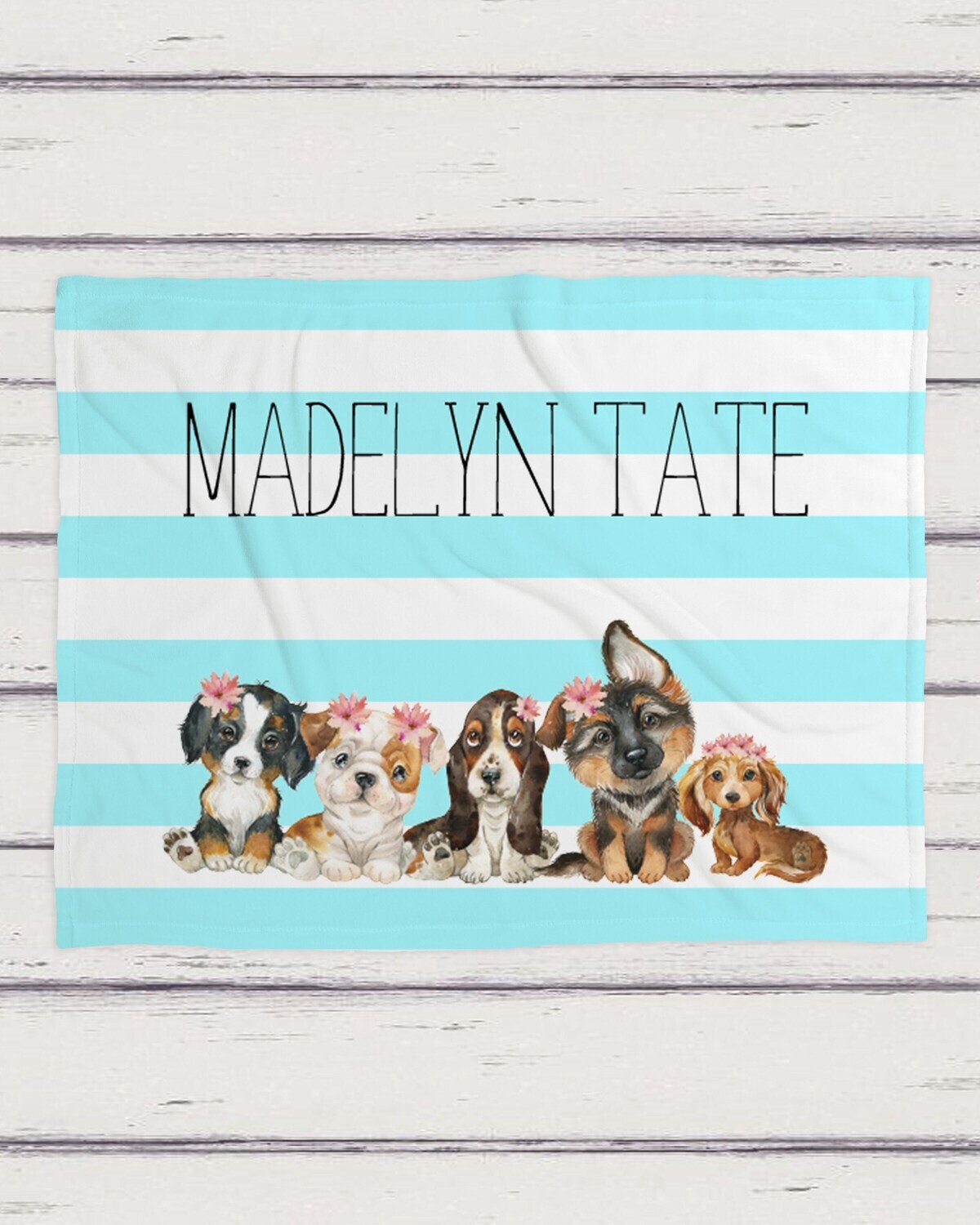 Blue Dog Personalized Kid Name Blanket, Kid Name Dog Blanket, Name Baby Blanket, Dog Girl Gift, Puppy Blanket, Blanket Girl, Floral