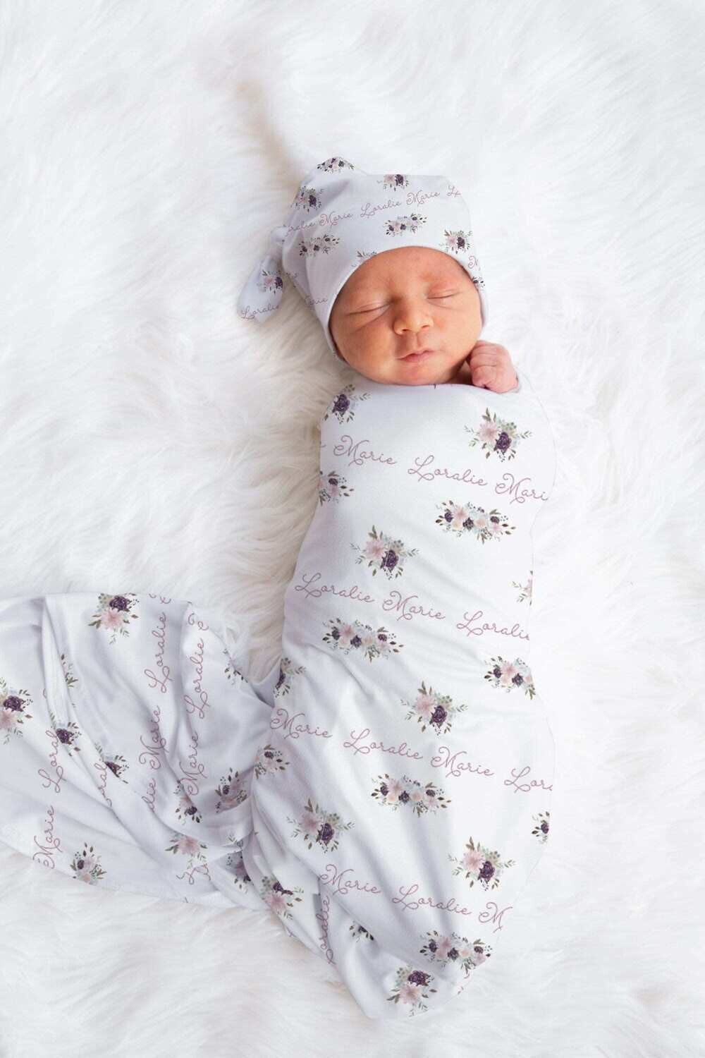 Personalized Baby Girl Custom Purple Floral Name Swaddle Newborn Baby Photoshoot, Purple Floral Newborn Baby Photo Prop, Purple Baby Gift