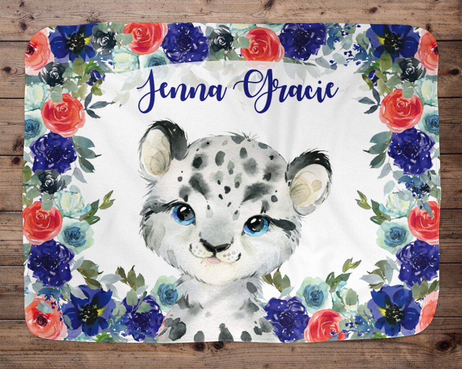Leopard Customized Baby Girl Blanket, Baby Blanket, Name Baby Blanket, Baby Gift, Baby Leopard, Leopard Blanket, Blanket Girl, Blue Floral