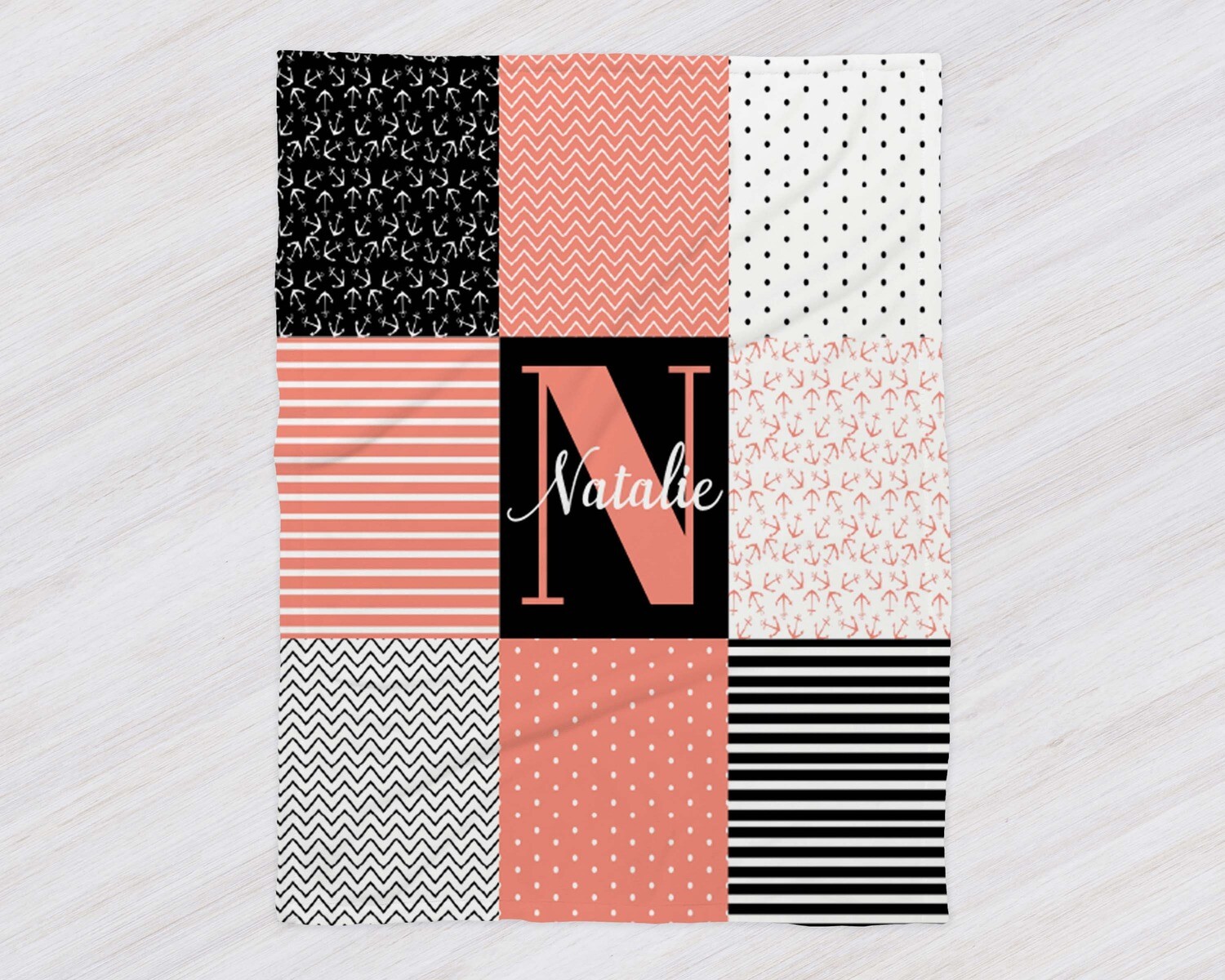 Custom Shabby Chic Black And Pink Nautical Girl Pattern Name Blanket, Girl Anchor Minky Baby Blanket, Kid Sea Pattern Blanket, Toddler Girl