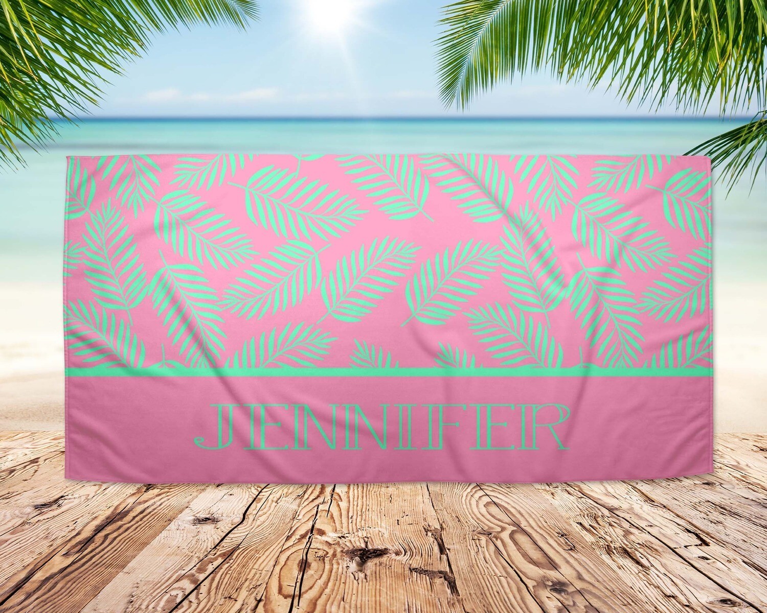 Personalized Pink Leaf Print Name Beach Towel, Girl Beach Towel Gift Idea, Mothers Day Gift, Summer Gift, Beach Idea, Child Name Beach Towel
