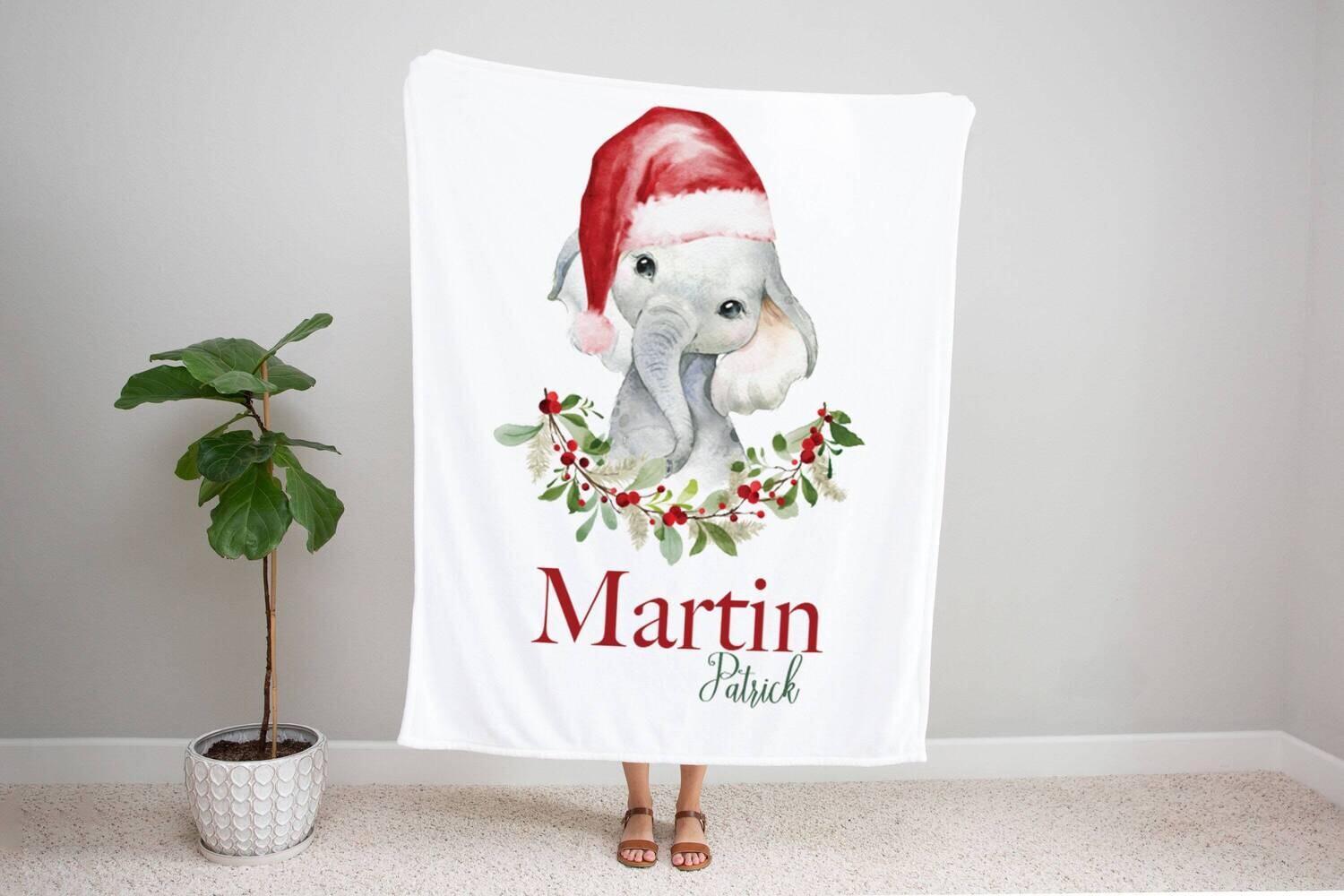 Personalized Kids Name Christmas Blanket, Boy Elephant Christmas Blanket, Kids Christmas Gift Idea, Baby Boy Christmas Blanket, Holiday Gift