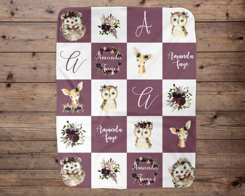 Woodland Animal Personalized Baby Blanket, Baby Blanket, Name Baby Blanket, Girl Baby Gift, Floral, Gift for Girl, Blanket Girl, Nursery