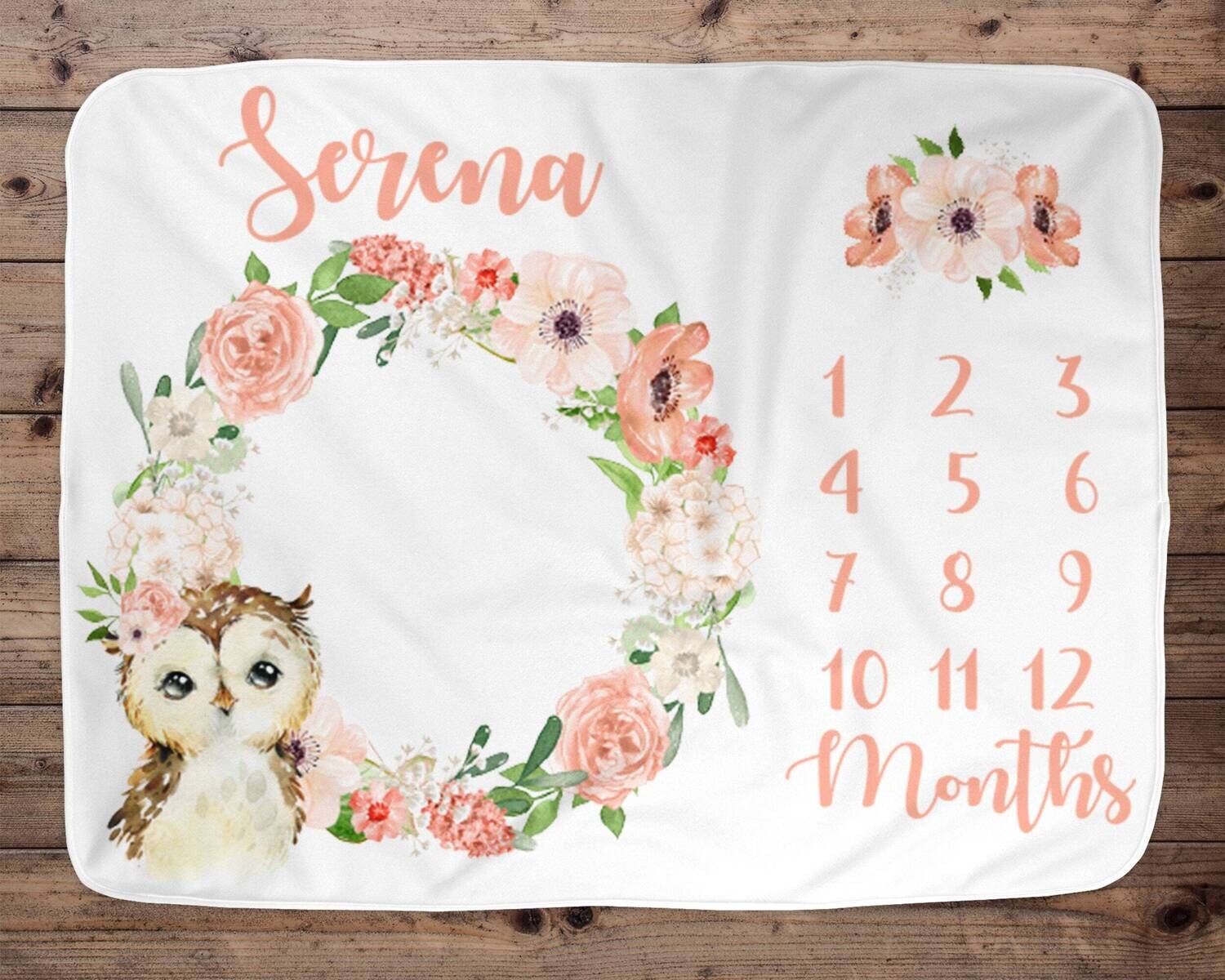 Owl With Peach Floral Wreath Woodland Animal Baby Girl Custom Name Milestone Blanket. Woodland Animal Age Blanket, Photo Prop Gift Blanket