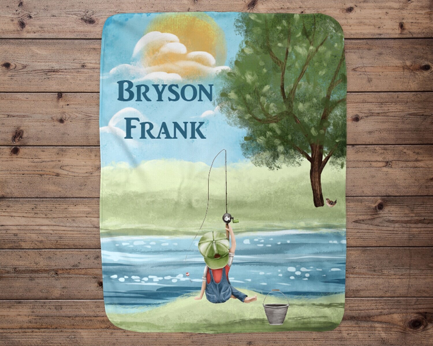 Personalized Kid Fishing By The River Blanket Custom Name Blanket, Little Boy Fishing Name Blanket Gift Idea, Fishing Blanket Gift Idea Boy, Blanket Size/Type: 30x40 Fleece