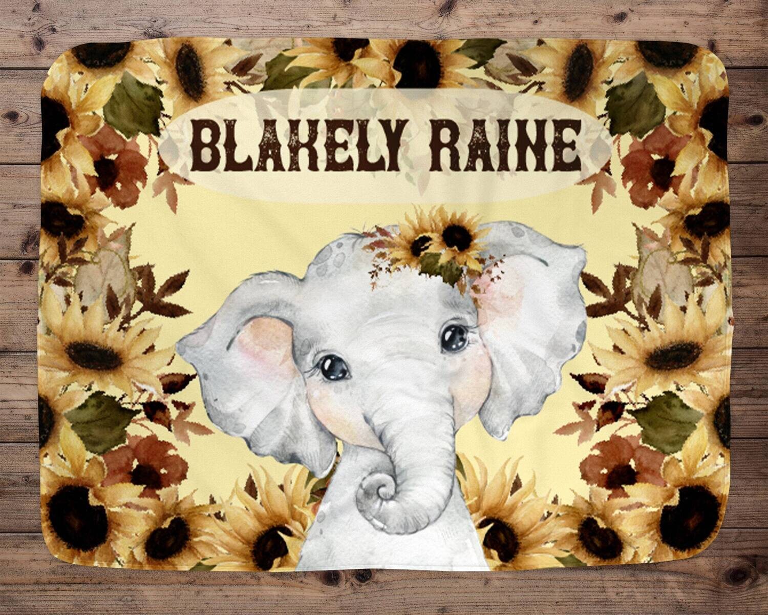 Fall Sunflower Baby Elephant Personalized Baby Girl Name Blanket, Name Baby Blanket, Sunflower Elephant Baby Nursery Blanket Girl, Sunflower