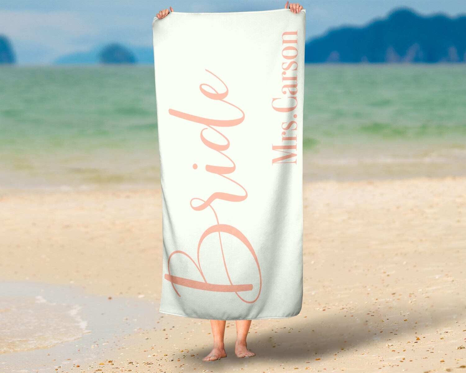 Personalized Bride Name Beach Towel, Mrs. Vacation Gift Idea, Summer Wedding, Maid of Honor, Bridesmaid Idea, Wife Towel, Her Marriage Gift