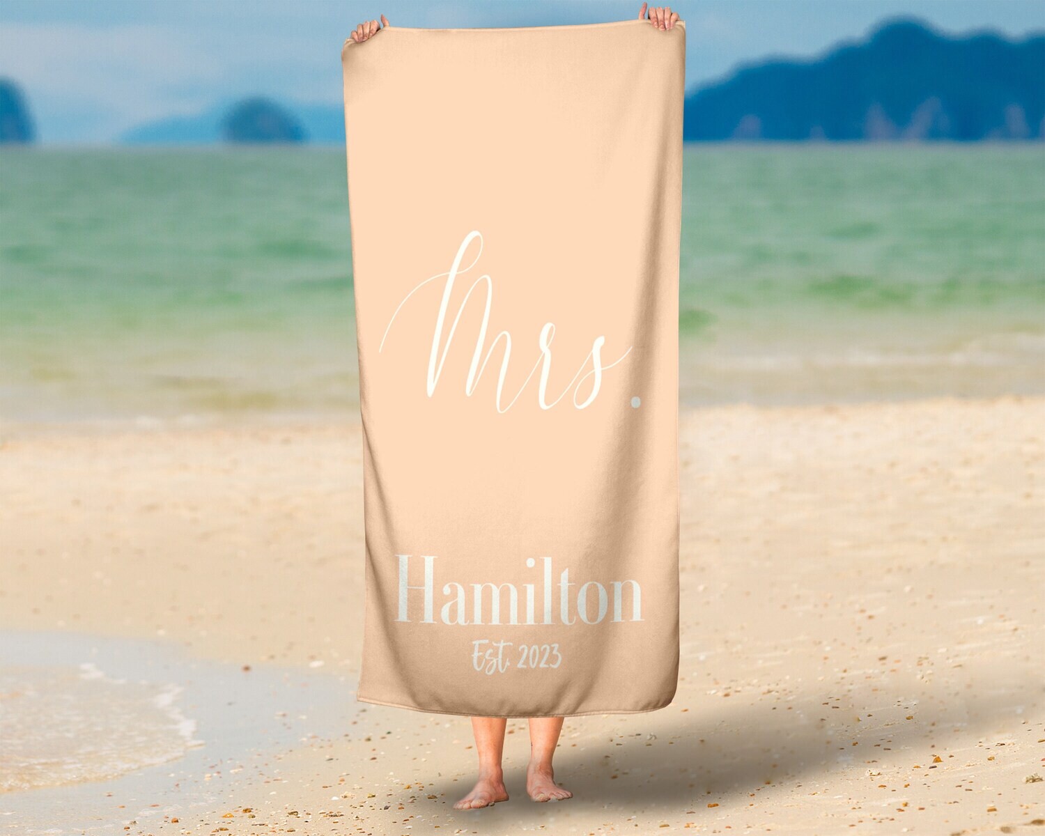 Personalized New Bride Name Beach Towel, Mrs. Beach Towel Gift Idea, Summer Wedding Gift, Summer Bride Gift, Beach Idea, Bride Name Towel
