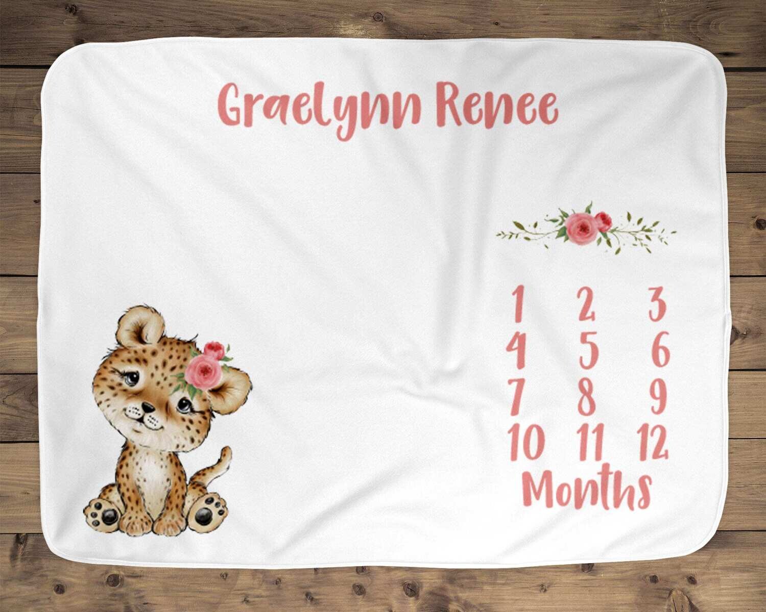 Customized Leopard Animal Baby Girl Milestone Age Blanket Gift For Newborn Girl, Newborn Photo Prop, Baby Girl Name Age Blanket Gift Idea