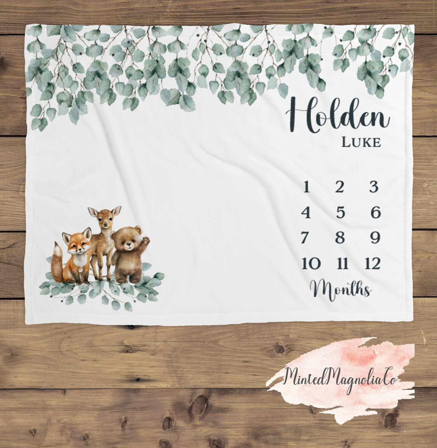 Personalized Woodland Animal Baby Name Custom Age Milestone Blanket Gift Idea For Monthly Pictures, Twelve Months Forest Animal Photo Prop