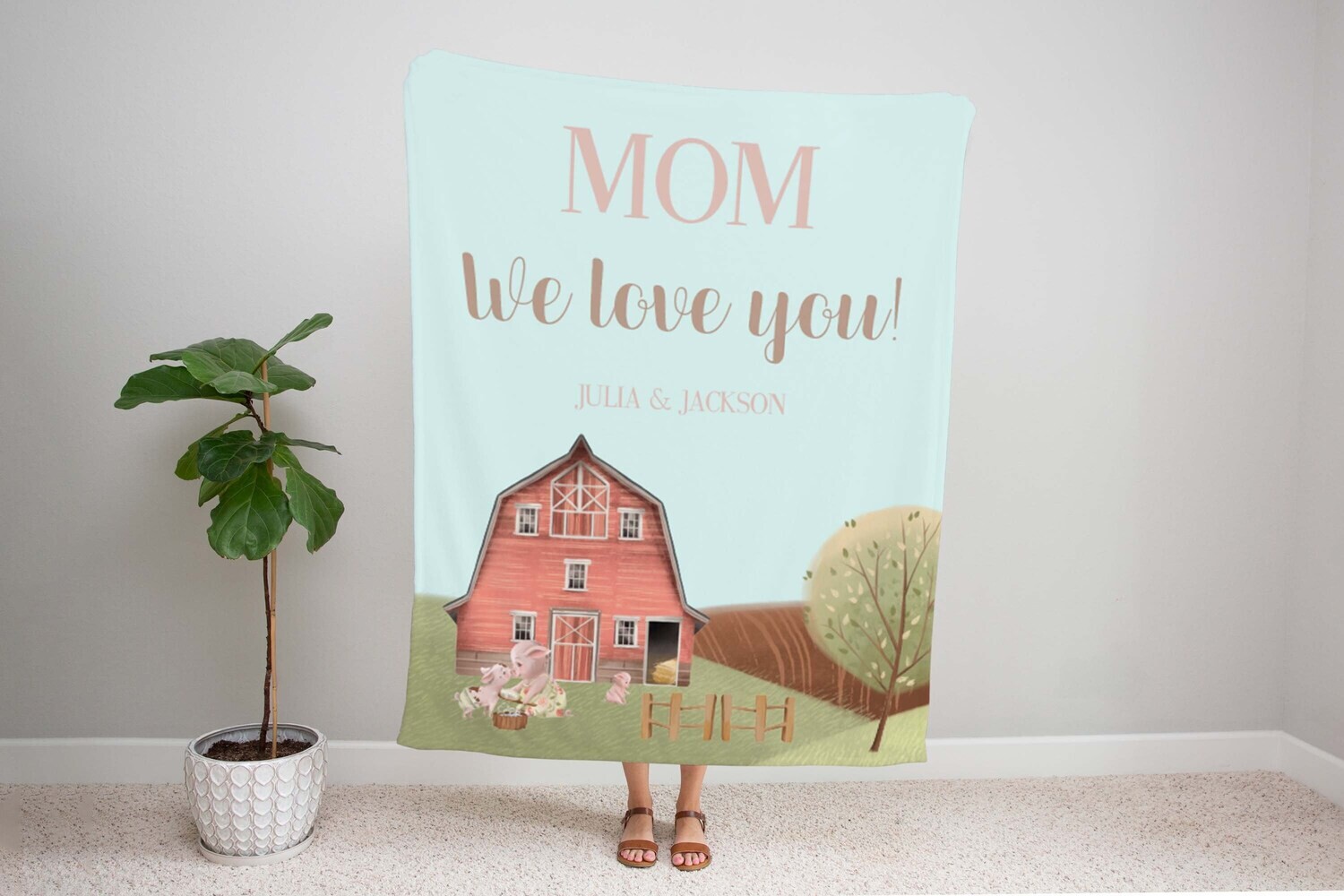 Customized We Love Mom Pig Farm Blanket, Mothers Day Gift, Mom Blanket Christmas Gift For Mom Personalized Mom Blanket, Custom Name Blanket