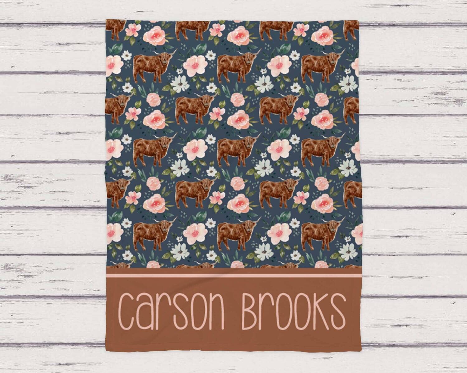 Personalized Boho Floral Highland Cow Name Pattern Blanket, Baby Girl Brown Cow Gift, Bohemian Flower Brown Cattle Cow Blanket Gift Idea Her