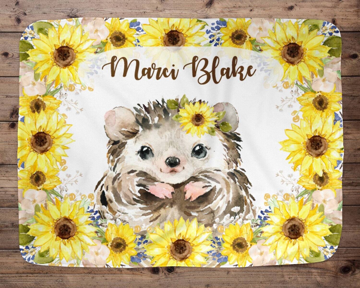Hedgehog Personalized Baby Girl Blanket, Baby Blanket, Name Baby Blanket, Baby Gift, Baby, Hedgehog Blanket, Blanket Girl, Floral, Sunflower