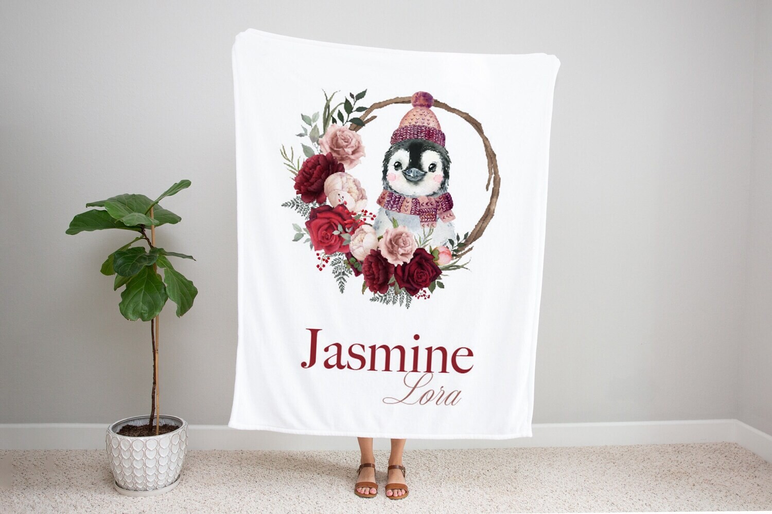 Personalized Kids Name Christmas Blanket, Girl Penguin Christmas Blanket, Kids Christmas Gift Idea, Baby Girl Christmas Blanket, Holiday