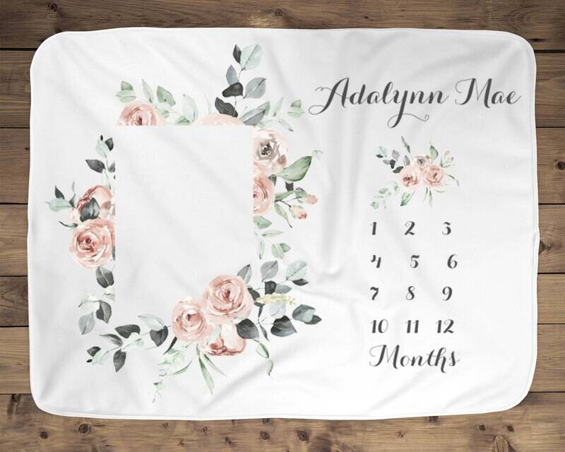 Personalized Boxed Pink Floral Wreath Name Milestone Blanket Photo Prop For Newborn Baby Girl, Baby Shower Gift Idea, Monthly Baby Photo