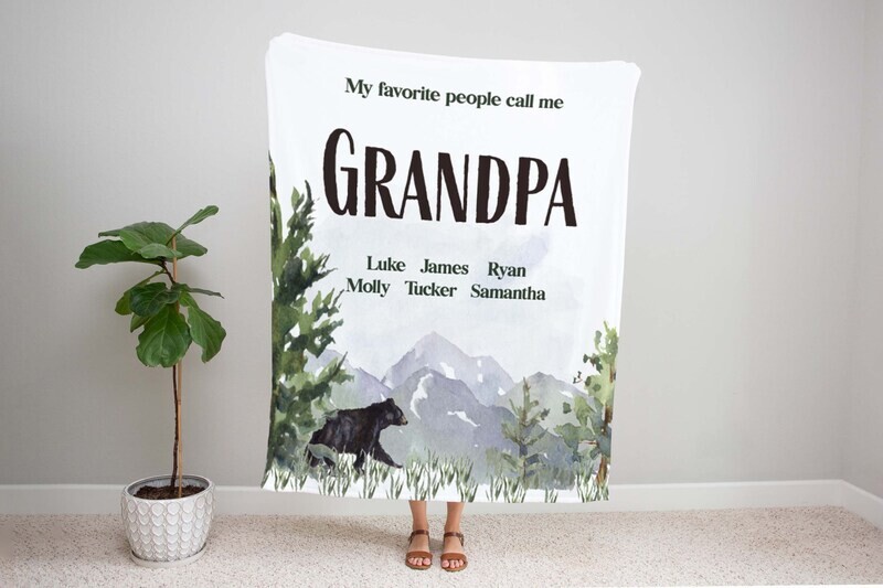 Customized Grandpa Bear And Mountain Fathers Day Christmas Gift For Dad, Grandpa Blanket, Gift For Him, Personalized Dad Blanket With Kids