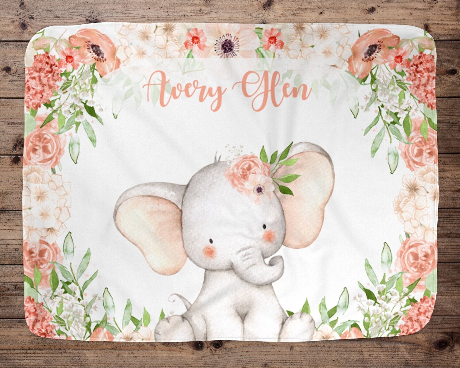 Personalized Baby Girl Blanket, Baby Blanket, Name Baby Blanket, Unique Baby Gift, Floral Baby, Elephant Blanket, Blanket Girl, Girl, Peach