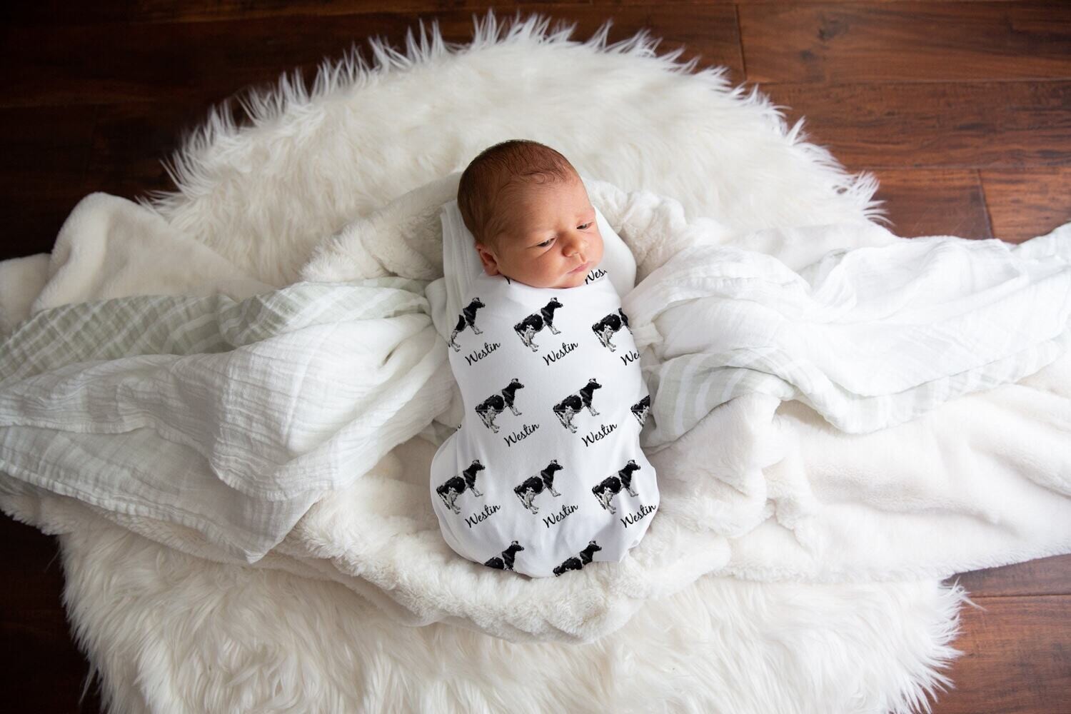 Personalized Black And White Cow Baby Name Custom Swaddle Gift Idea For Baby Boy, Newborn Baby Cattle Swaddle Blanket Photo Prop, Neutral