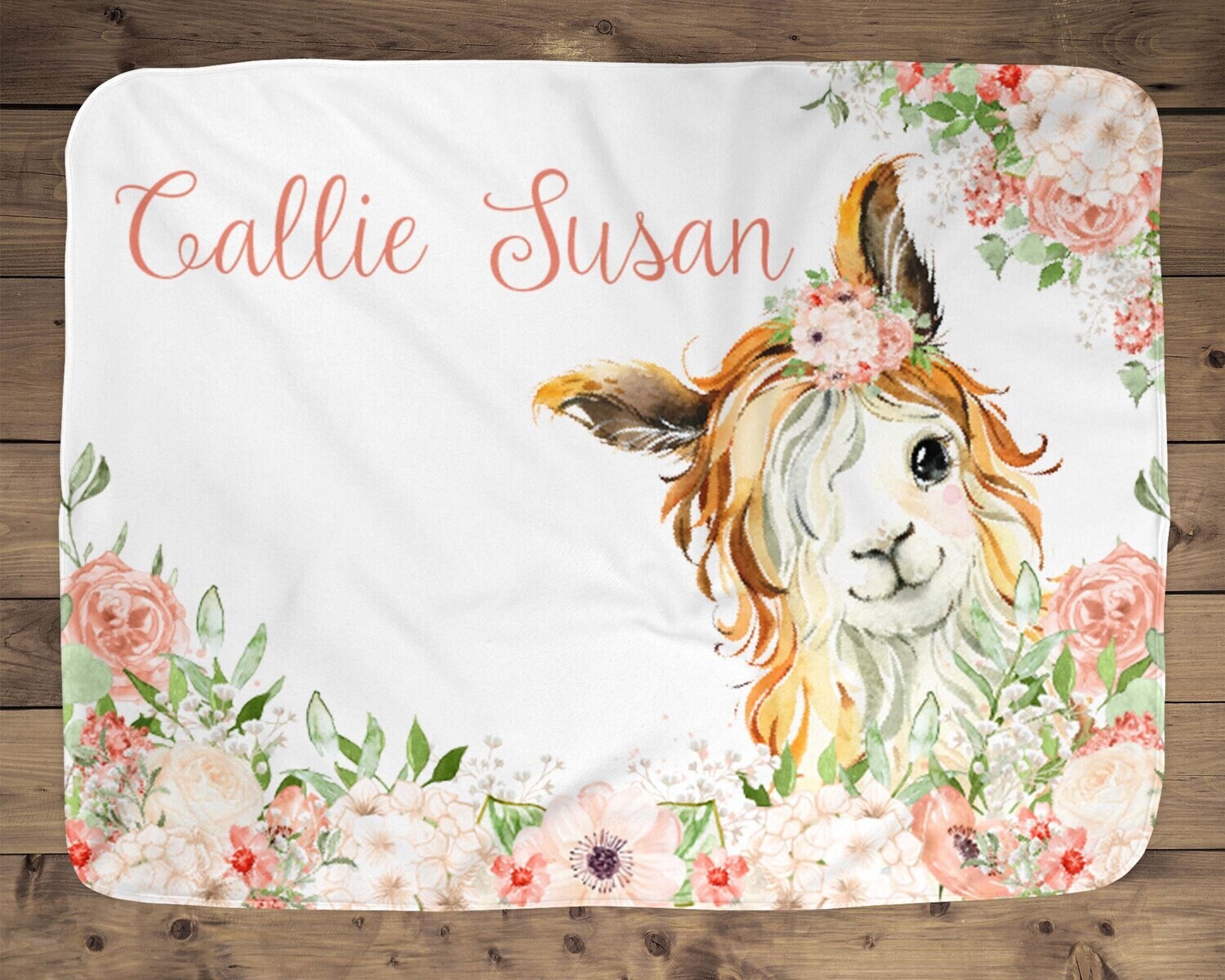 Floral Llama Personalized Baby Girl Blanket, Baby Blanket, Name Baby Blanket, Baby Girl Gift, Floral Baby, Llama Blanket, Peach Blanket Girl