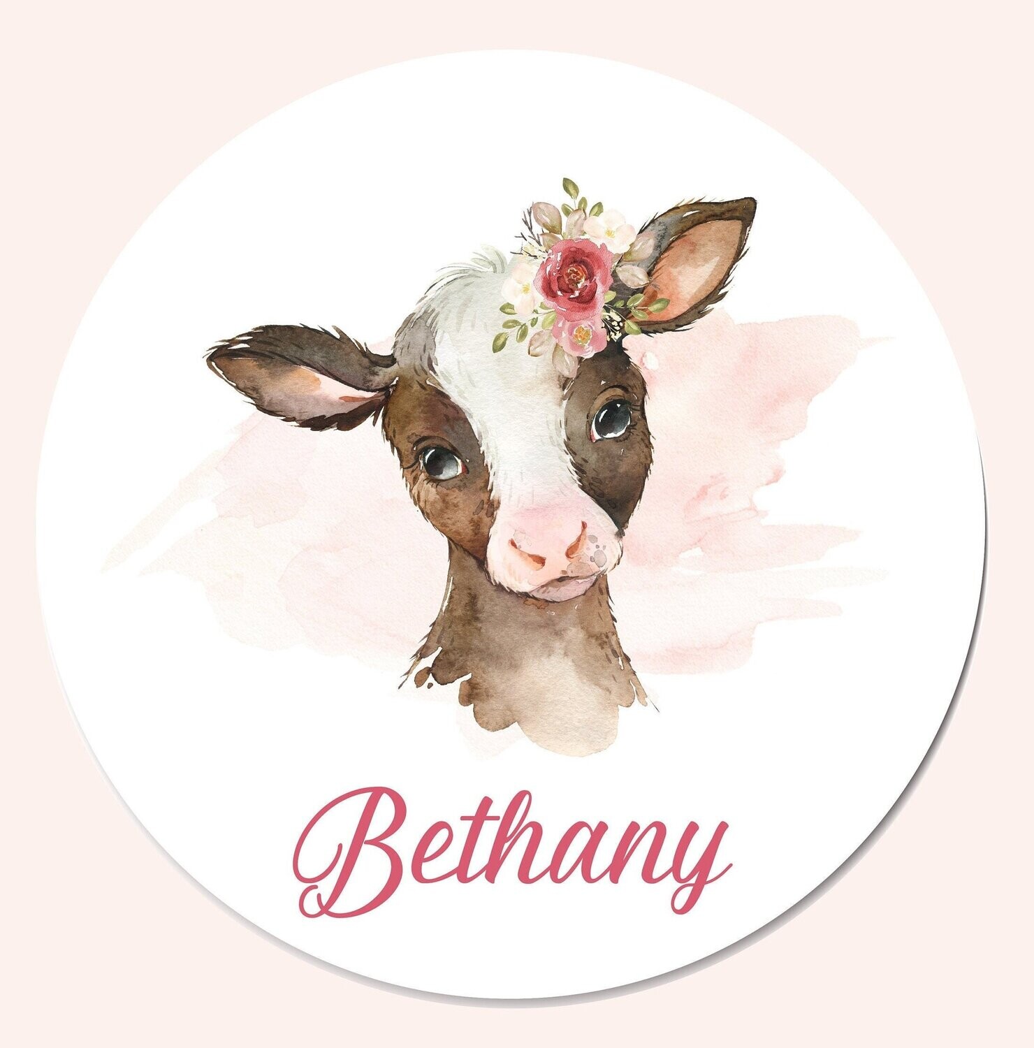 Customized Round Cow Sign, Cow Name Sign, Circle Sign For Baby Girl, Pink Cow Sign, Personalized Floral Cow, Baby Nursery Sign, Girl Sign