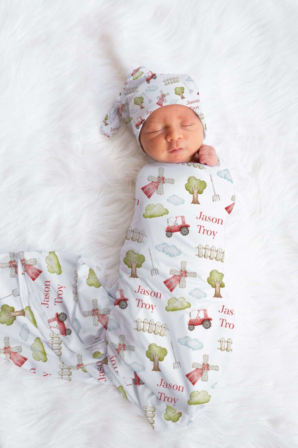Personalized Farm Baby Name Custom Swaddle Gift Idea For Baby Boy, Newborn Baby Farm Swaddle Blanket Photo Prop, Red Tractor Baby Swaddle