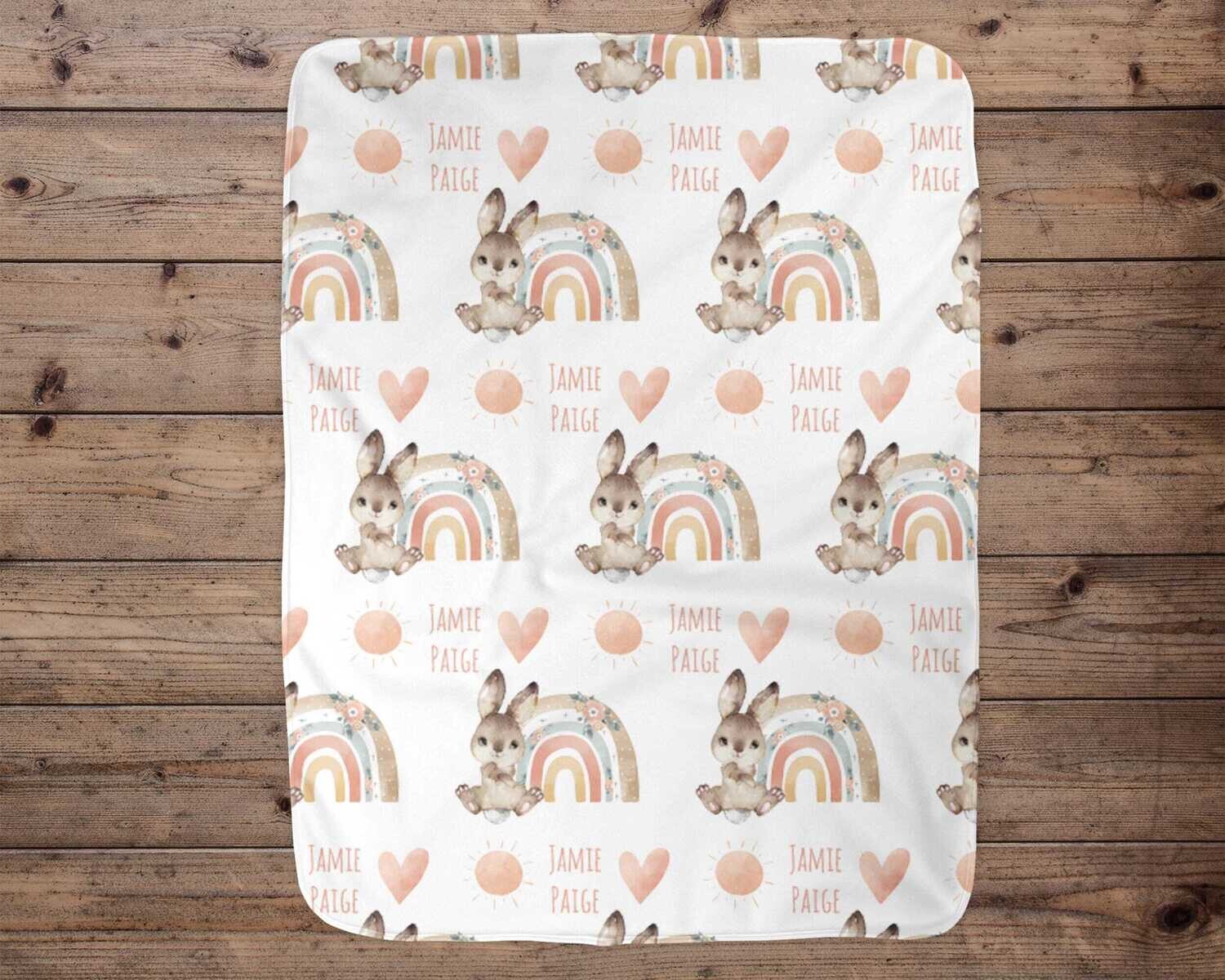 Personalized Boho Floral Rainbow Bunny Rabbit Name Pattern Blanket, Baby Girl Easter Gift, Bohemian Rainbow Bunny Rabbit Blanket Gift Idea