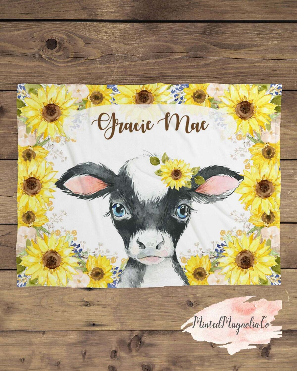 Cow Personalized Baby Girl Blanket, Baby Blanket, Name Baby Blanket,Cow Baby Gift, Farm Baby, Farm Blanket, Blanket Girl, Floral, Sunflower