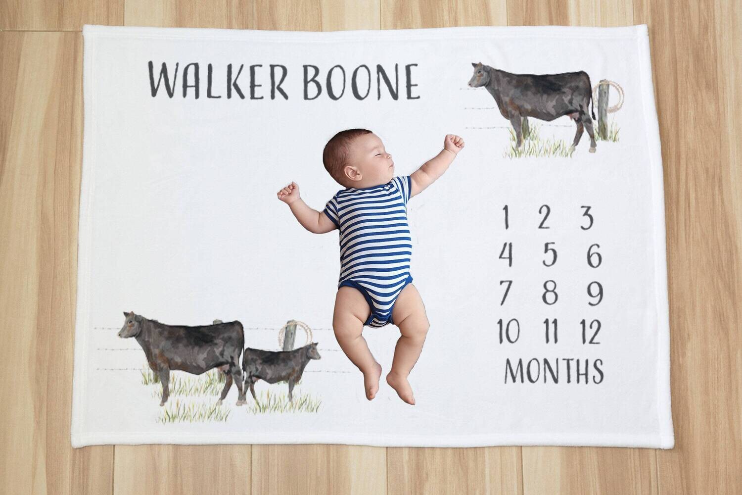 Customized Angus Cow Milestone Blanket With Name Personalization, Personalized Baby Angus Cattle Age Blanket Gift Idea For Cow Lover Baby