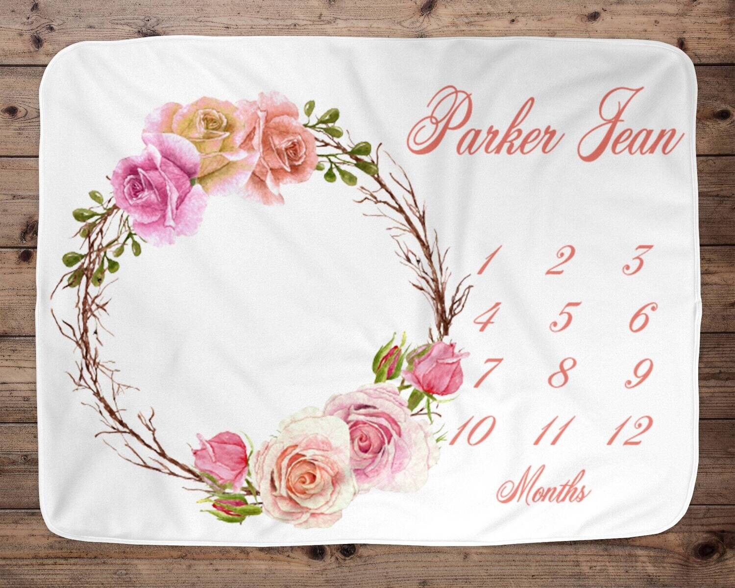 Milestone Baby Blanket, Milestone Blanket, Custom Baby Blanket, Floral, Name Baby Blanket,Unique Baby Girl Gift, Photo Blanket, Twig Wreath