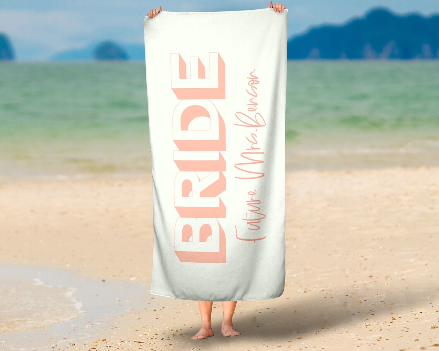 Personalized Bride Name Beach Towel, Bridal Party Gift Idea, Summer Wedding, Maid of Honor, Bridesmaid Idea, Wife Towel, Her Marriage Gift