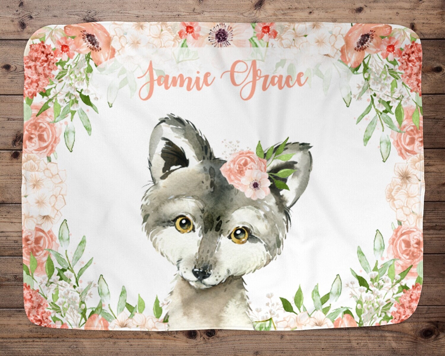 Wolf Personalized Baby Girl Blanket, Baby Blanket, Name Baby Blanket, Baby Girl Gift, Floral Baby, Wolf Blanket, Blanket Girl, Girl, Peach
