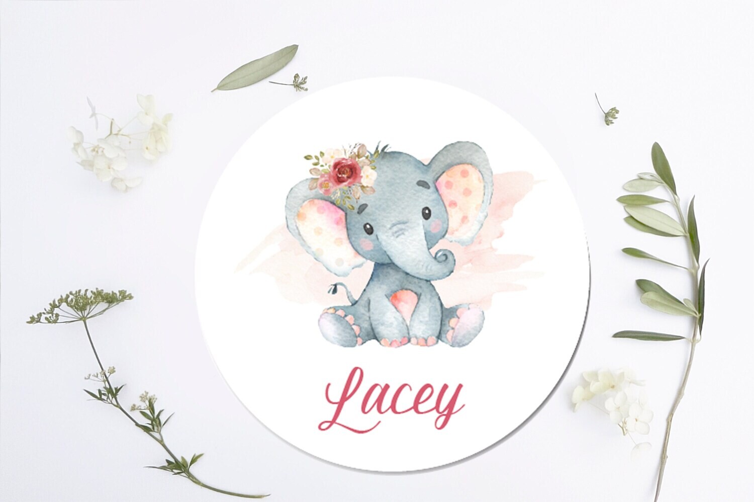 Customized Round Sign, Floral Name Sign, Circle Sign For Baby Girl, Pink Floral Sign, Girl Personalized Sign, Baby Girl Sign, Elephant Decor
