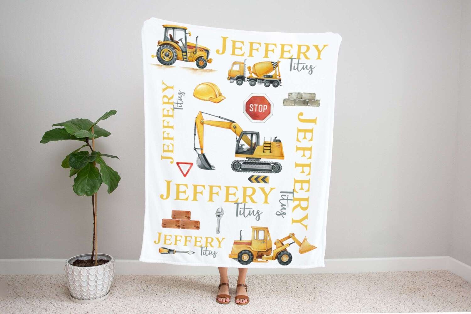 Personalized Yellow Construction Work Name Boy Blanket, Name Boy Blanket, Blankets, Blanket Boy, Name, Construction Crew Boy Blanket