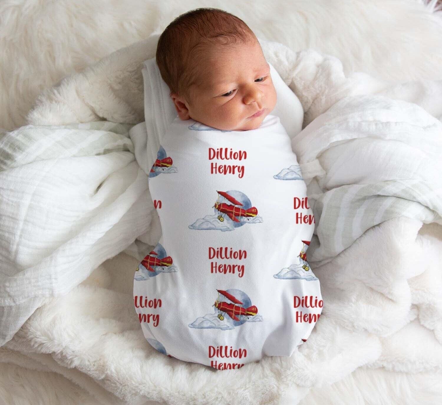 Personalized Air Plane Baby Boy Name Custom Swaddle Gift Idea For Baby Boy, Baby Red Air Plane Name Swaddle Blanket Photo Prop, Newborn Boy
