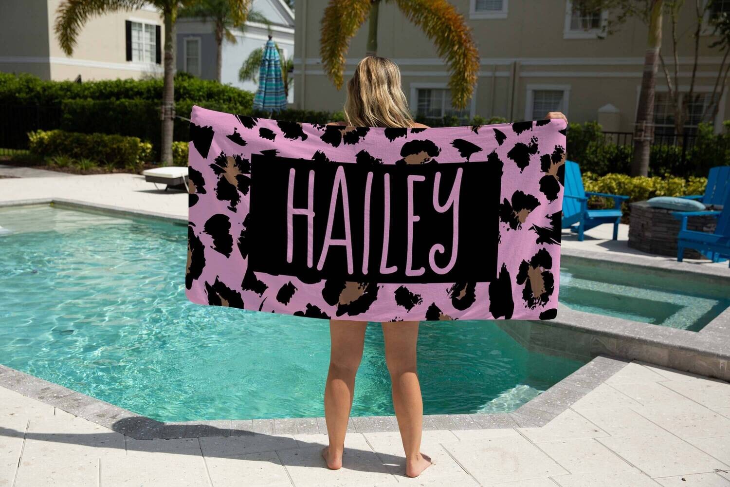 Personalized Pink Leopard Print Name Beach Towel, Girls Beach Towel Gift Idea, Mothers Day Gift, Summer Gift, Beach Idea, Child Name Towel