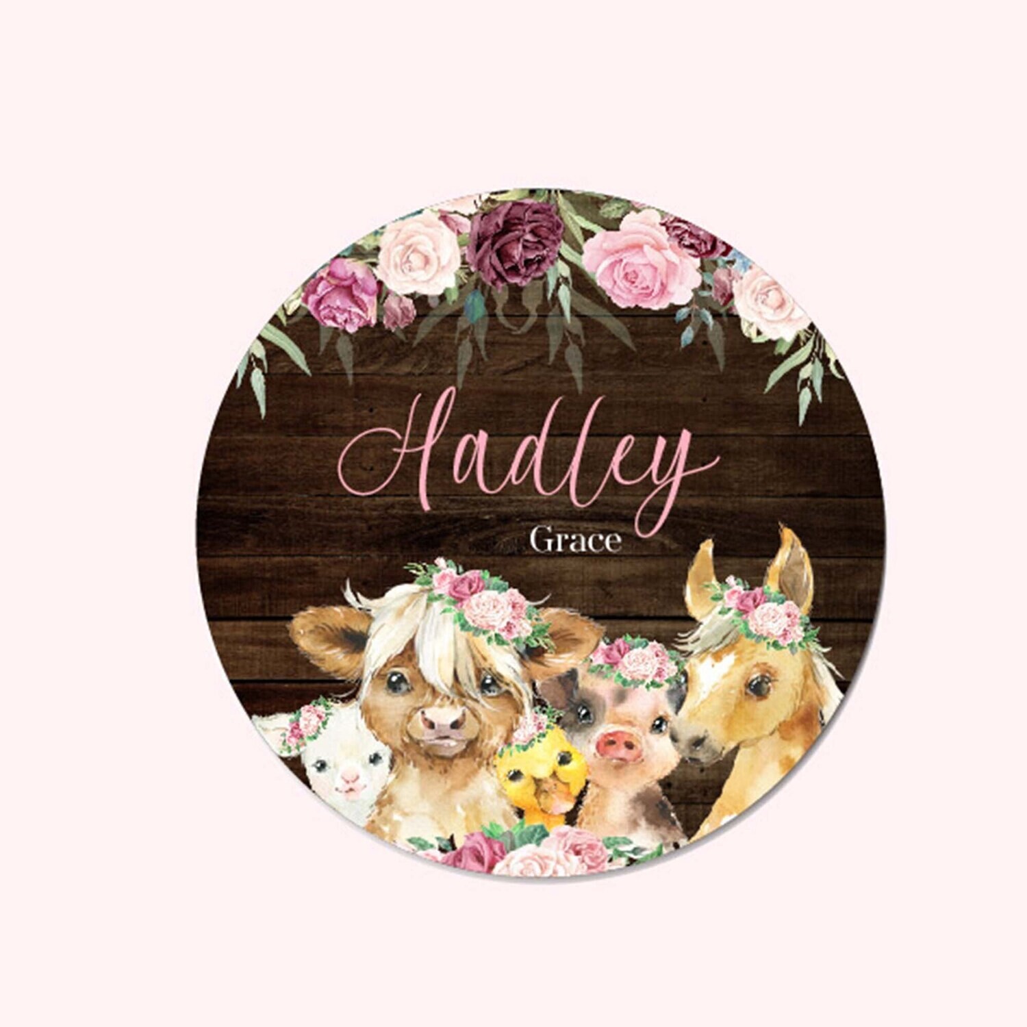 Customized Round Wood Farm Animal Name Sign, Farm Sign For Baby Girl, Western Sign, Personalized Floral Animal, Baby Nursery Sign, Girl Sign