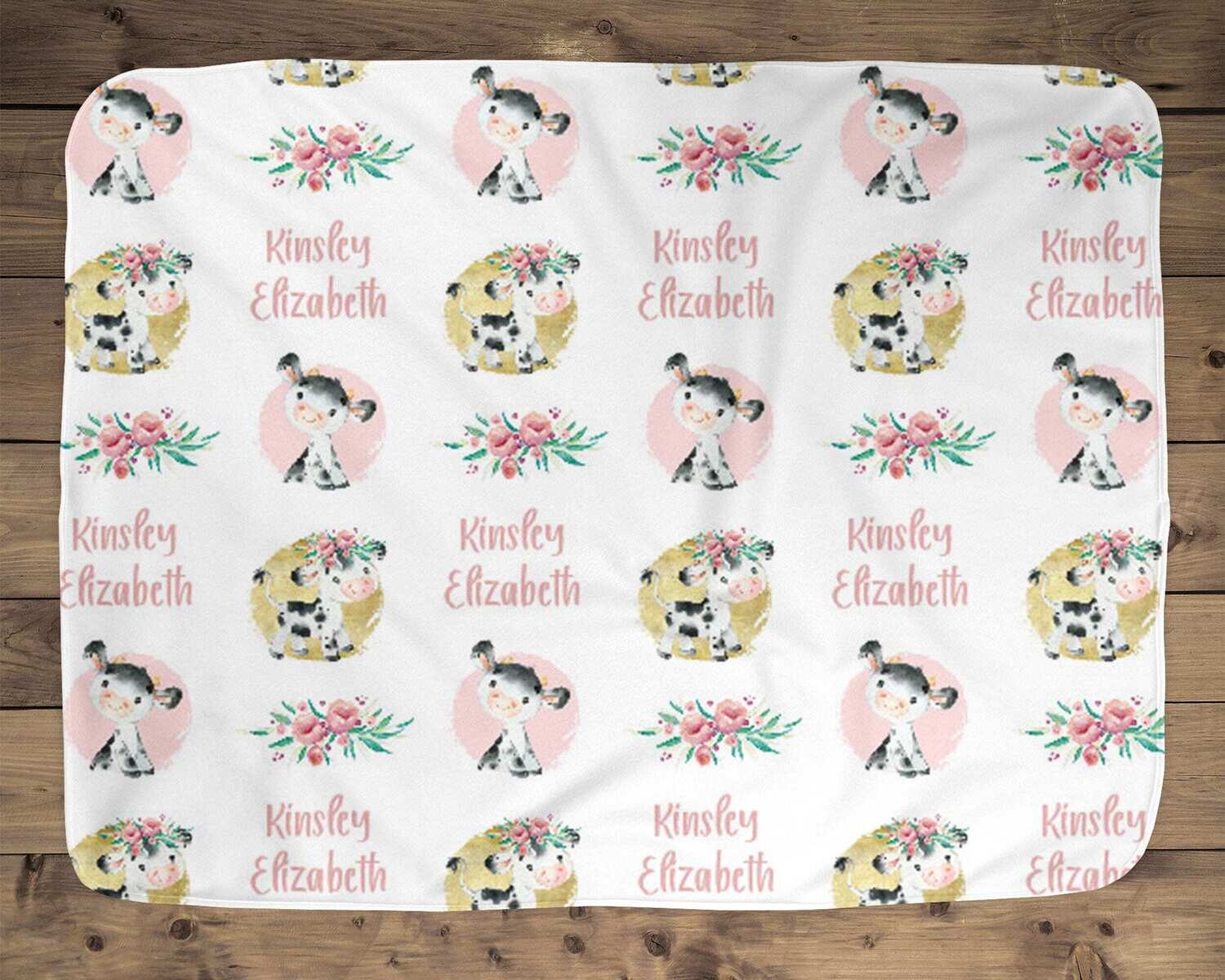 Cow Personalized Baby Girl Blanket, Baby Blanket, Name Baby Blanket,Cow Baby Gift, Farm Baby, Farm Blanket, Blanket Girl, Gold And Pink Girl