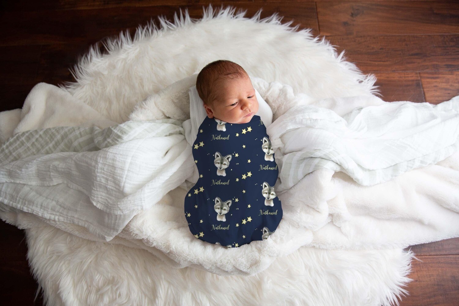 Personalized Night Wolf Baby Custom Name Swaddle Blanket Gift Idea, Wolf Name Baby Swaddle For Baby Boy, Baby Wolf And Star Swaddle Newborn