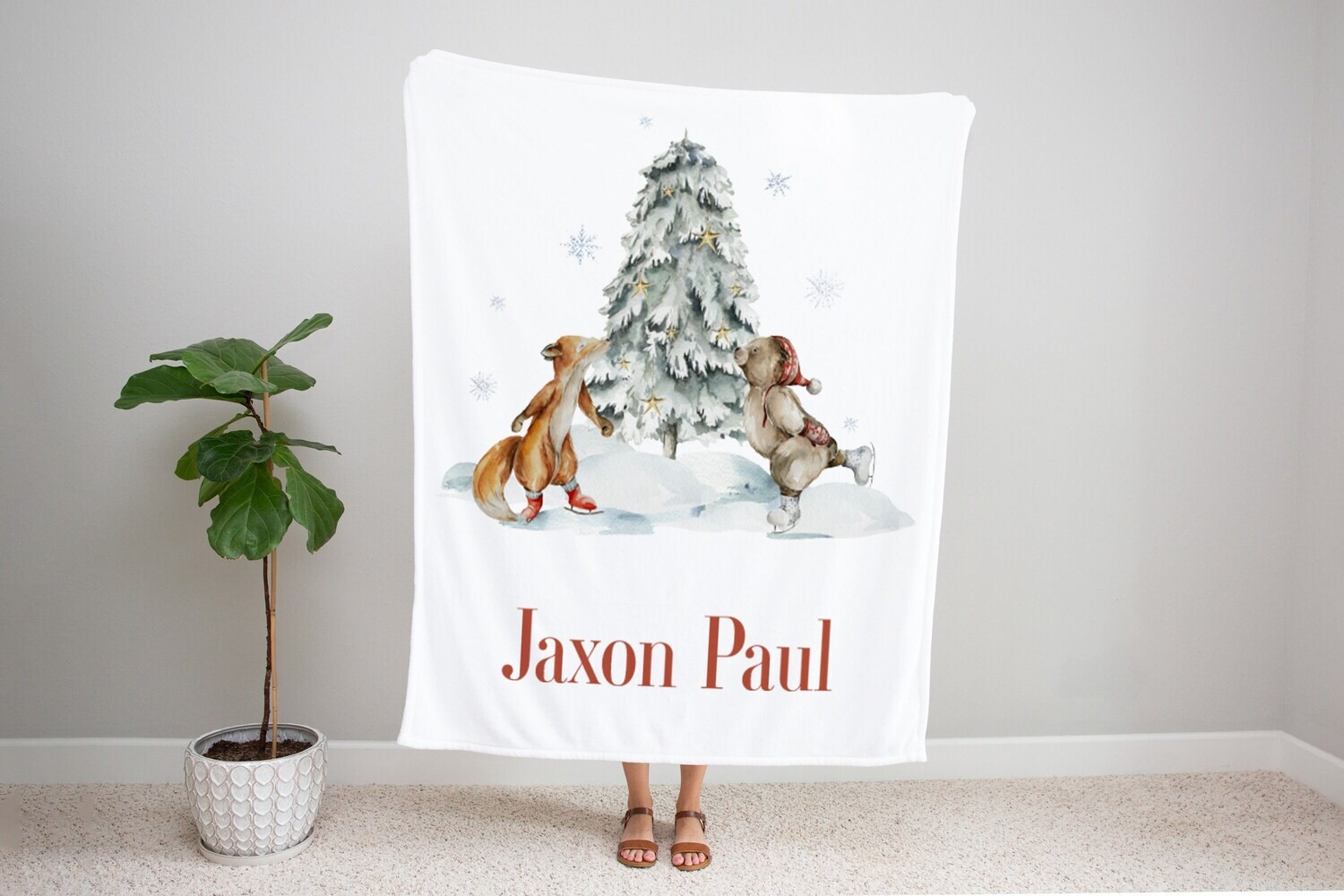 Personalized Kids Name Christmas Blanket, Fox And Bear Christmas Blanket, Kids Christmas Gift Idea, Baby Boy Christmas Blanket, Holiday Trex