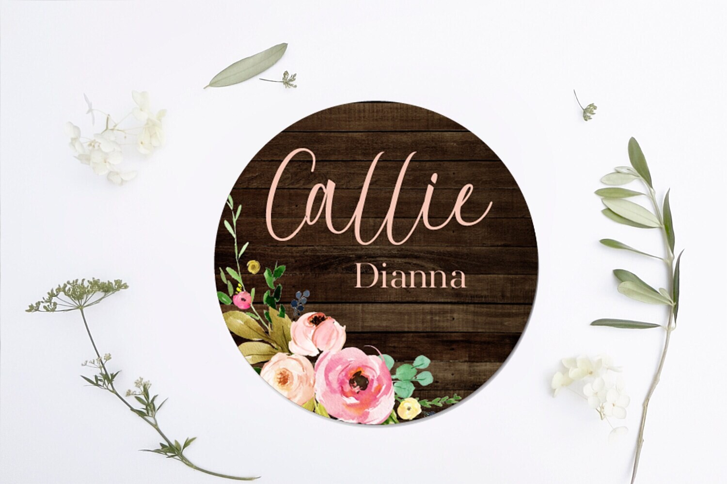 Customized Round Wood Sign, Floral Name Sign, Circle Sign For Baby Girl, Pink Floral Sign, Personalized Sign With Flowers, Baby Girl Sign