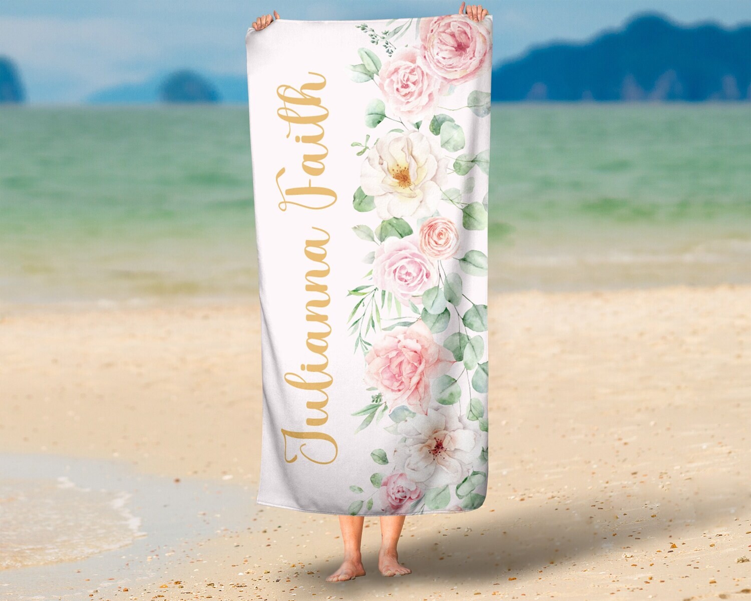 Personalized Women&#39;s Pink Floral Print Name Beach Towel, Girls Beach Towel Gift Idea, Kids Summer Gift, Pool Party Name Towel, Lake Towel