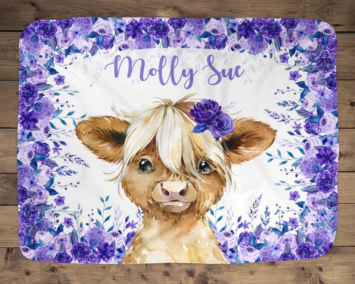 Personalized  Purple Floral Highland Cow Name Baby Girl Blanket, Girl Baby Gift, Purple Floral Baby, Cow Blanket, Purple Highland Cow Cuddle
