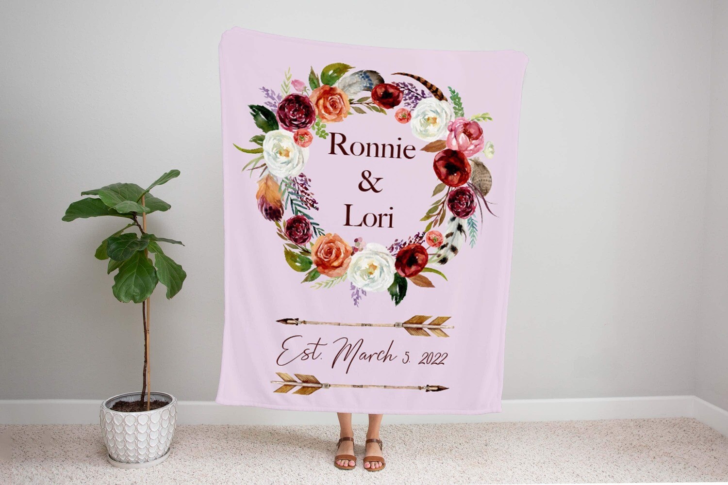 Couples Anniversary Name Boho Floral Cuddle Blanket, Valentines gift, Custom Newly Wed Gift, Personalized Bridle Gift, Wedding Shower Gift