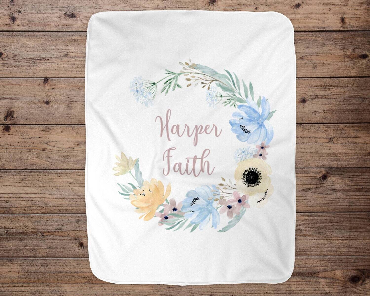 Flower Wreath Personalized Baby Blanket, Baby Blanket, Name Baby Blanket, Girl Baby Gift, Flower , Swaddle Blanket, Blanket Girl, Blue, Girl