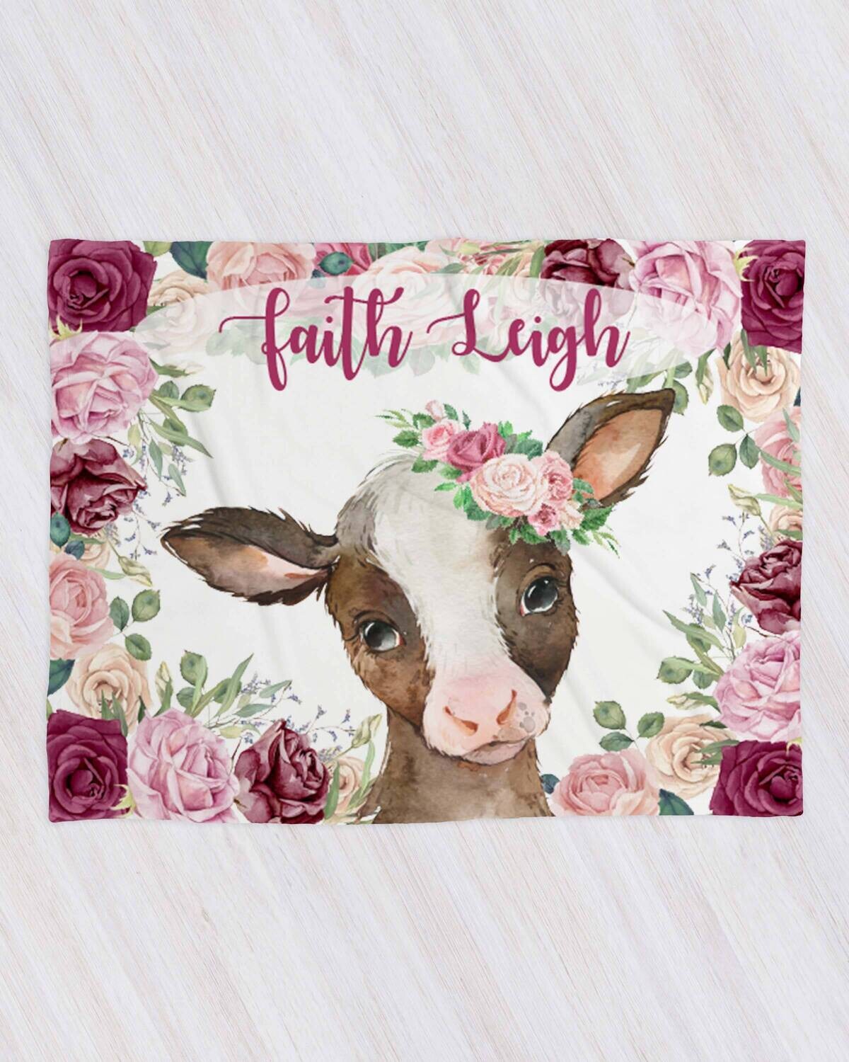 Cow Personalized Baby Girl Blanket, Baby Blanket, Name Baby Blanket,Cow Baby Gift, Farm Baby, Farm Blanket, Blanket Girl, Floral, Burgandy