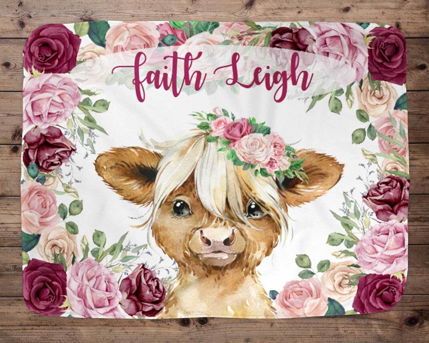 Highland Cow Personalized Baby Girl Blanket, Baby Blanket, Name Baby Blanket, Cow Baby Gift, Farm Baby, Farm Blanket, Blanket Girl, Floral